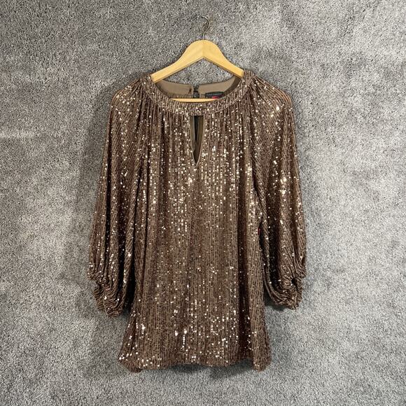 Vince Camuto Women’s Plus 1X Sequin Brown Blouse 3/4 Sleeve Keyhole Neck Shirt - Picture 1 of 12